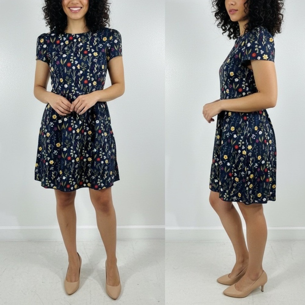 Bunny n Bloom Wildflower Dress L Navy Blue Floral Botanical Capped Sleeve Mini